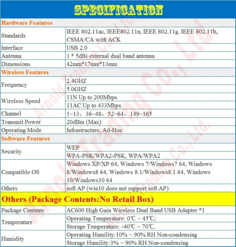 Plug&Play No Need Driver AC600 Wireless Network Card 11AC 600Mbps Dual Band USB2.0 WiFi Adapter with 5dBi External Antenna Prom-