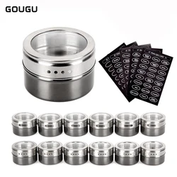 GOUGU Magnetic Spice Jar With Stickers Stainless Steel Spice Tins Pepper Seasoning Sprays Tools