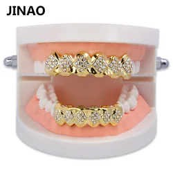 JINAO New Fit Gold Color Plated Iced Out Crystal Top & Bottom Teeth Grillz With Silicone Halloween Christmas Gift