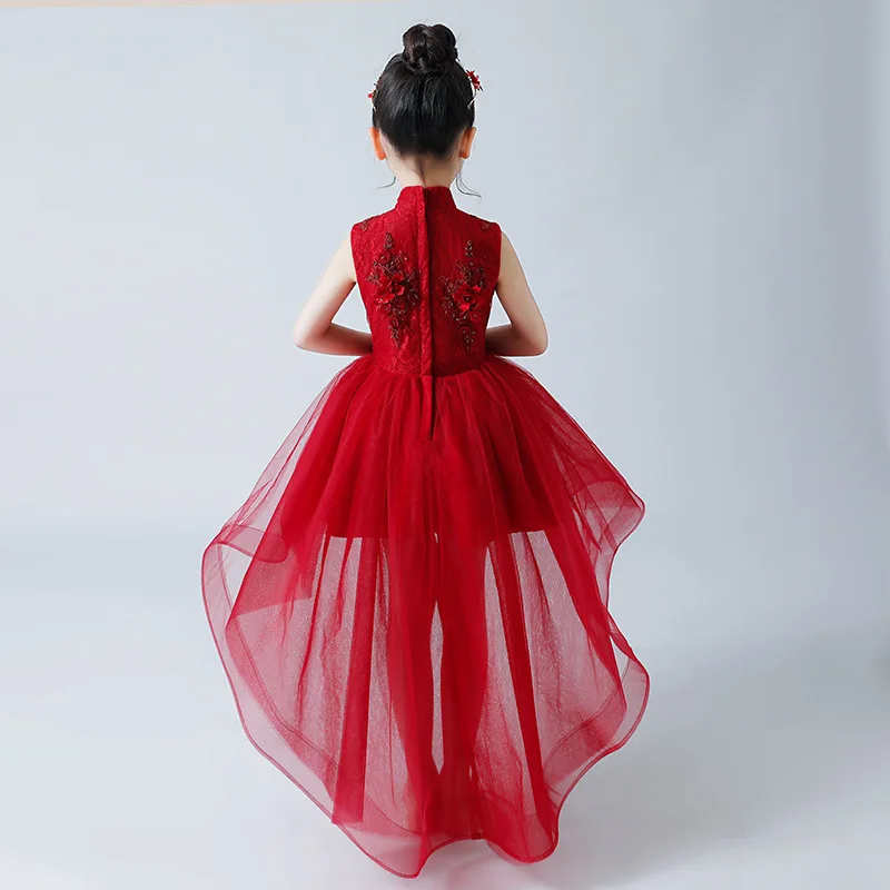 2019 elegante menina vermelha princesa jantar festa beleza bordado vestido menina dança desempenho festa princesa primeiro vestido de bola