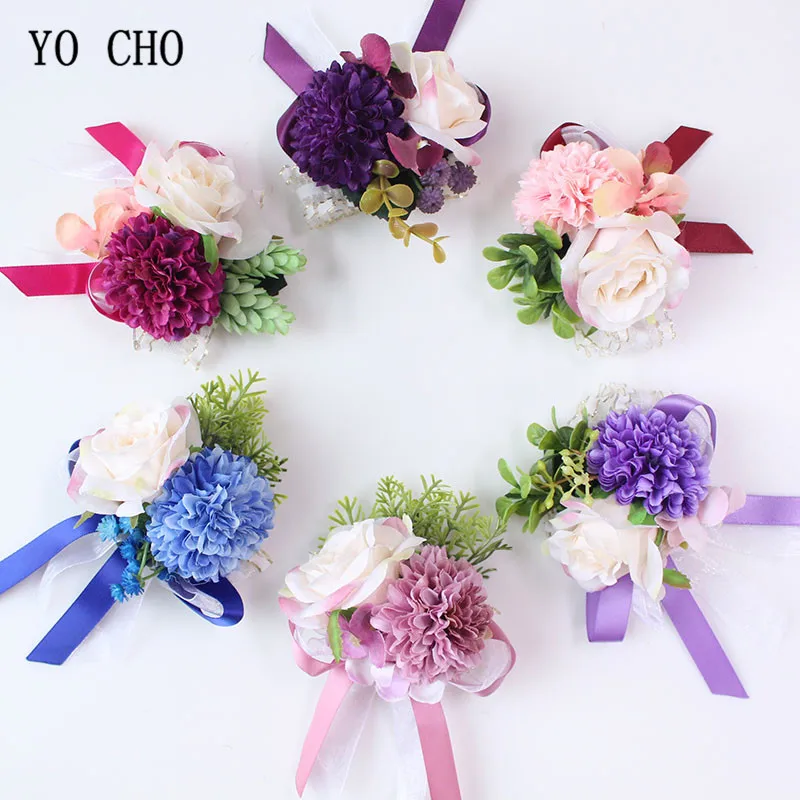 Yo cho boutonnieres-バラとシルクのブレスレット,花嫁介添人と花婿のためのリストジュエリー,結婚用品