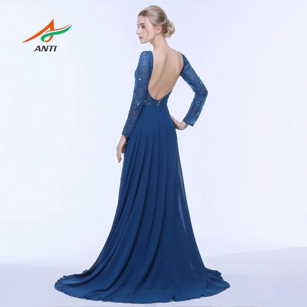 ANTI Elegante Dark Blau Abendkleid Mit Langen Ärmeln Backless Formale Kleider Chiffon Spitze Promi Kleid A-Line Hochzeit HQY31