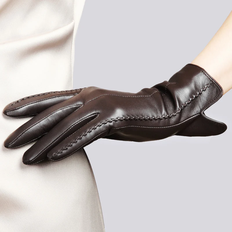 Guantes elegantes de piel de cordero auténtica para mujer, manoplas de terciopelo con pantalla táctil, alta calidad, a la moda, para otoño e