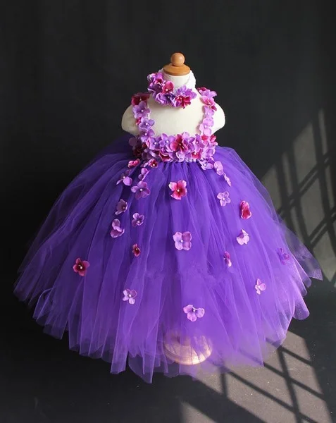 

Cute Girls Purples Flower Petals Tutu Dress Kids Fluffy Layers Tulle Wedding Party Dress Ball Gowns with Headband Children Tutus