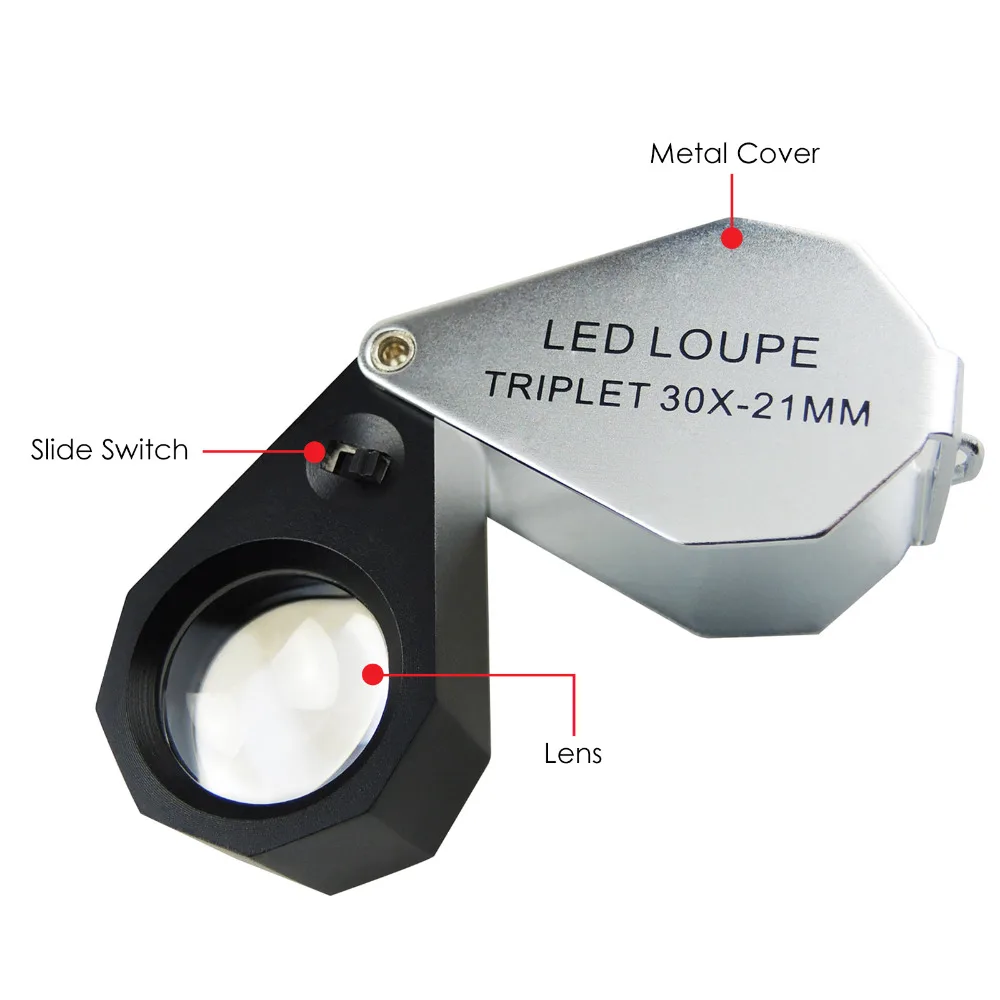 Handheld 30x Magnifying 21mm Triplet Optical Glass LED Light Foldaway Jeweler Jewel Loupe Gem Identifier Tool