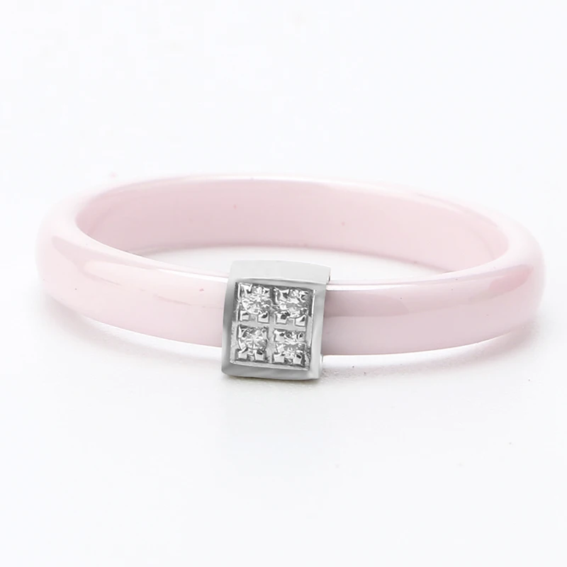 New Pink Crystal Ring 3mm Pink Ceramic Ring Stainless Steel Protruding Square With Rhinestone Women Rings For Female Jewelry