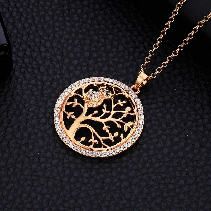 Small Owl Tree Of Life Necklace for Women Rhinestone Pendant Rose Gold Sweater Chain Long Necklaces Statement Jewelry Bijoux