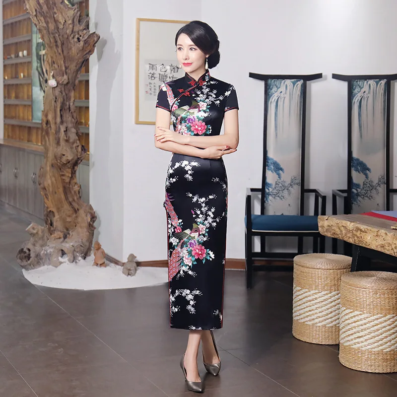 

Chinese National Spring Cheongsam Long Dress Floral Vintage Silk Dresses Female Women Qipao