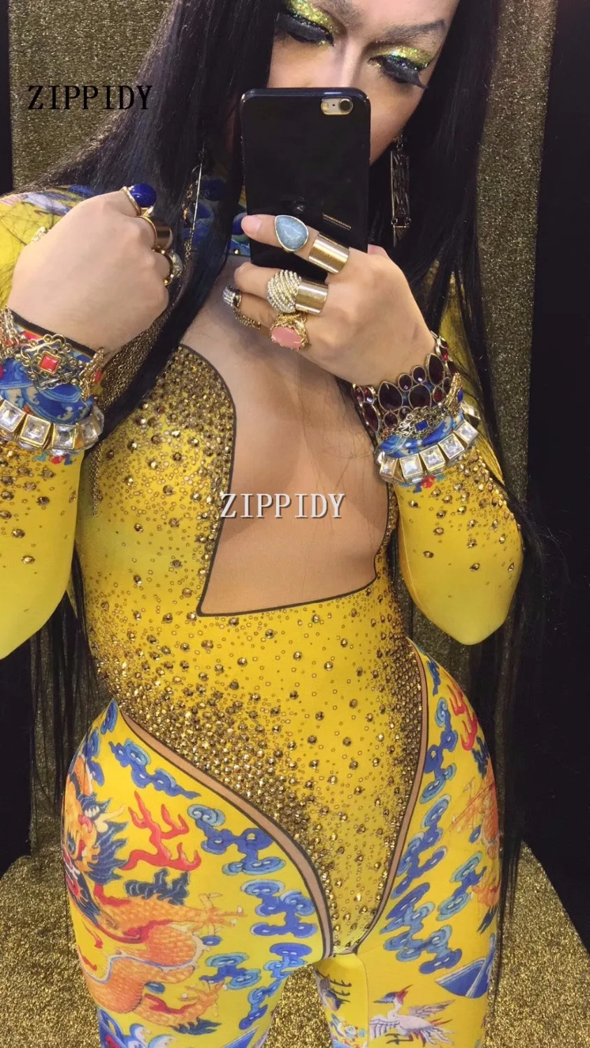 Macacão chinês estampado com pedras brilhantes, sexy, amarelo com strass, roupa de palco para cantoras, uma peça