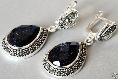 women Fashion Jewelry 925 Sterling Jewelry Natural Blue Sand Stone Marcasite Drop Earrings lady's $ Jewelry Luxury Girls Wedding