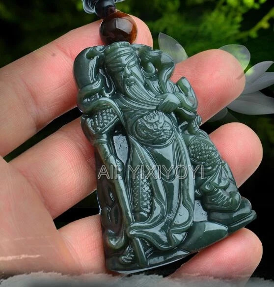 Vintage Natural Green HeTian Jade Carved Chinese GuanGong Lucky Pendant Amulet Necklace Charm Man Woman's Trendy Jewelry