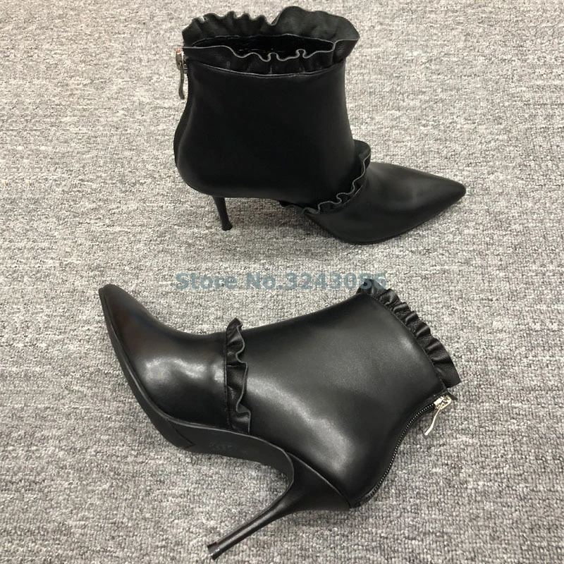 Hitam Kulit Imitasi Kerutan Tipis High Heel Sepatu Menunjuk Toe Kulit Anklle Sepatu Lipatan Kembali Zipper Elegan Wanita Sepatu