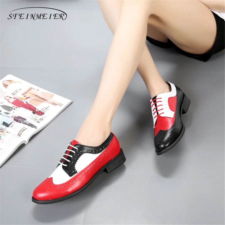 

Genuine cow leather brogue casual designer vintage lady flats shoes handmade oxford shoes for women black red white spring