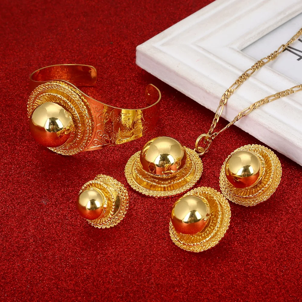 New Ethiopian Wedding Jewelry Sets Necklaces Bracelet Earrings Ring Gold Color Habesha Jewellery Eritrean Gifts