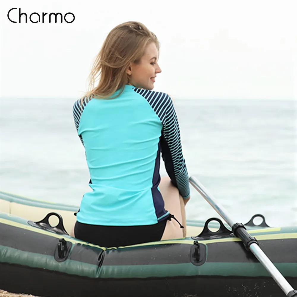 Charmo Women Long Sleeved Rashguard Swimwear Striped Rash Guards Patchwork Surfing Swimsuits For Women Running Top UPF50+