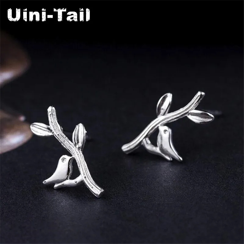 Uini-Tail 2019 new listing 925 Tibetan silver simple personality creative small fresh bird branch earrings hypoallergenic ED372