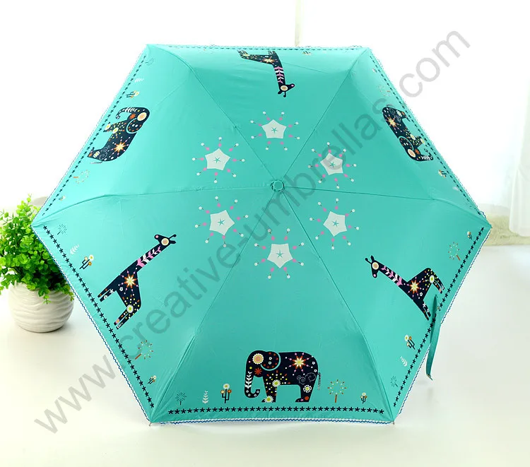 (4pcs/lot) 4colour optional Three fold  210T pongee 4 times black coating UV protecting embroidery lace  Elephant&deer umbrellas