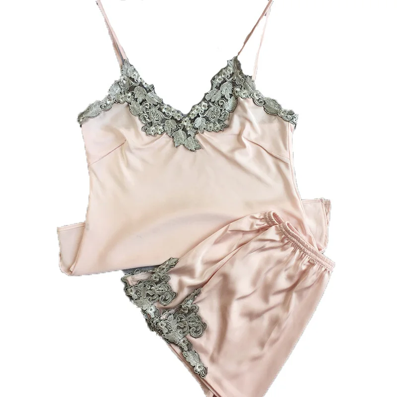 

Silk Satin Lace Ladies Nightwear two-pieces Pajamas Sets With Short Pants High Quality women's Indoor Suits Soft Sleepwear Sexy