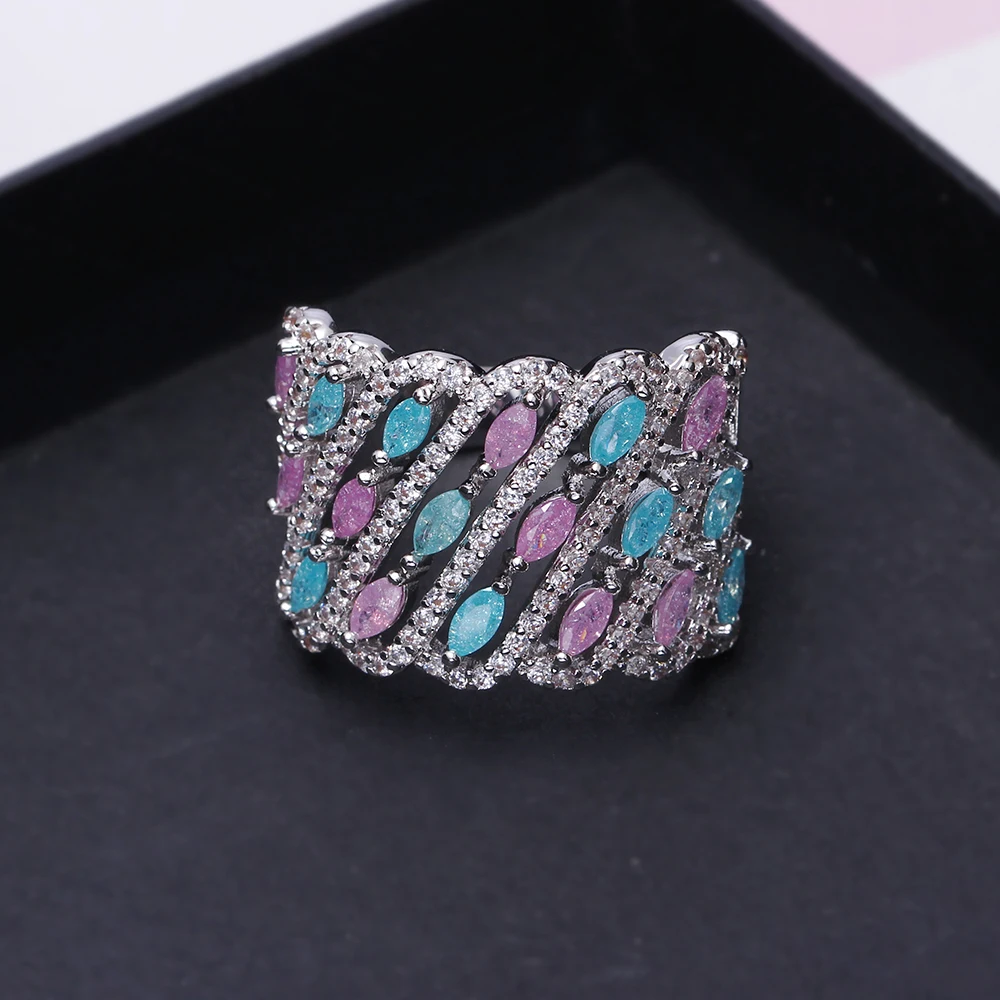 Wonderful big wide ring aneis Blue Pink color zirconia jewelry Luxury Accessories excellent quality jewellery nice women rings