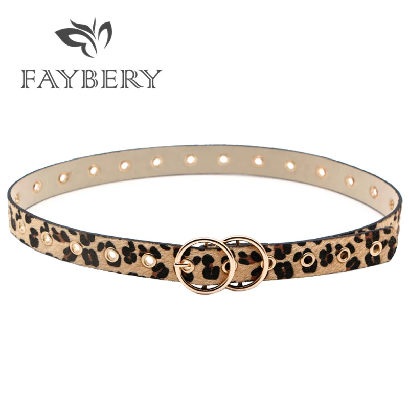 Luxury Leopard Pattern Women Belts for Women Metal Buckle Belt for Long Dress Double Golden Circles Hollow Out Female Belt