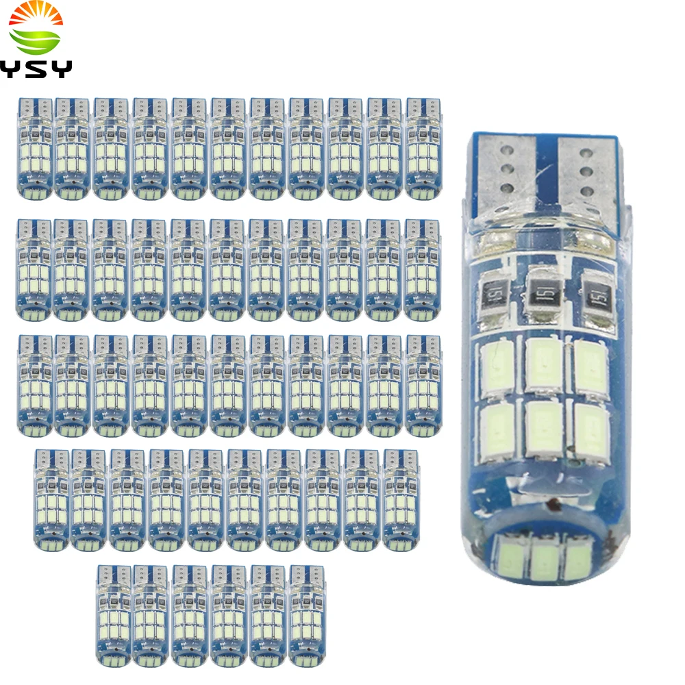 YSY 50pcs Car LED T10 W5W led 194 168 15SMD 4014 White Silicone LED Light Parking License Plate clearance lamp Ice blue 12V