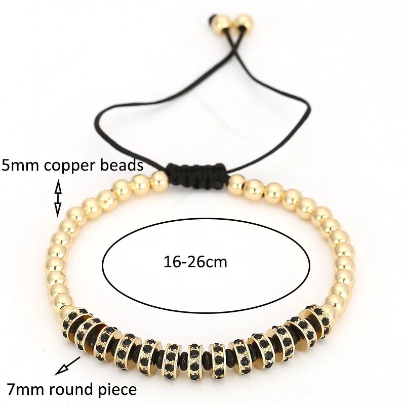 NADEEM 2017 New Trendy Men Women\'S Braided 6MM Gold Color Micro Pave Black CZ Circle Charm Bead Strand Macrame Bracelet Jewelry