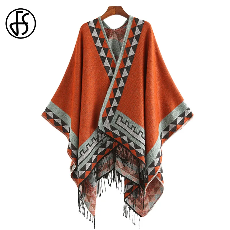 FS-Poncho de Pashmina con borlas geométricas para mujer, bufandas cálidas de estilo indio, abrigo de otoño e invierno