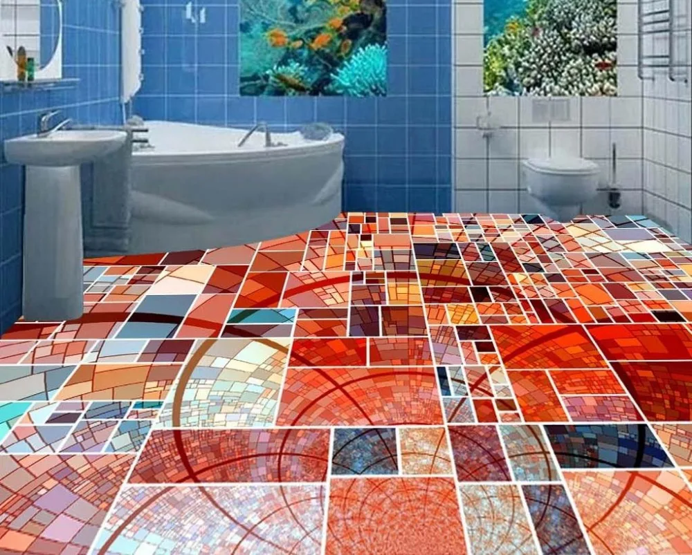 

Custom photo floor wallpaper 3d stereoscopic mosaic box self-adhesive waterproof floor bathroom wallpaper