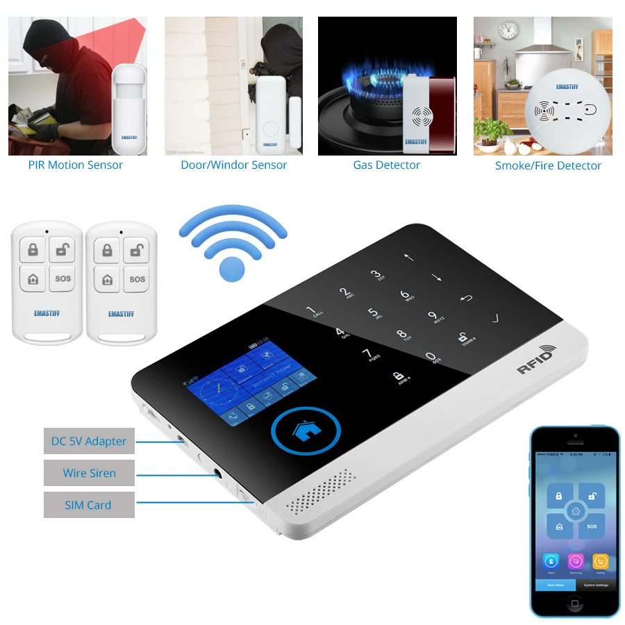 Go Wireless Tuya APP SIM GSM Home RFID Burglar Security LCD Touch Keyboard WIFI GSM Alarm System Sensor kit Russian,Spanish