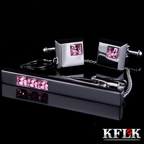 

KFLK Luxury HOT Cuff link necktie clip High Quality tie pin for men Pink Crystal tie bars cufflinks tie clip set Jewelry