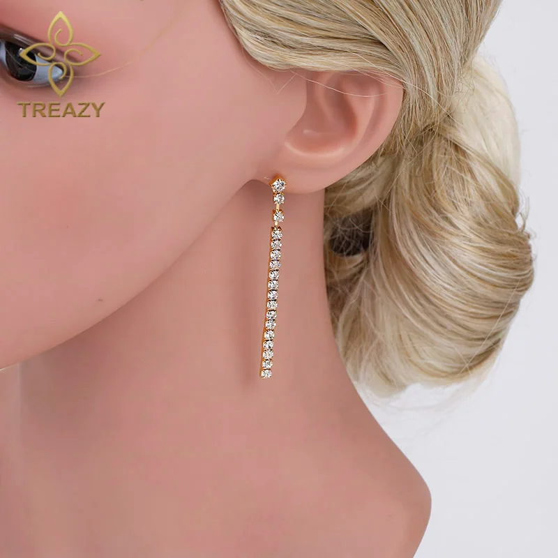 TREAZY Simple Style Crystal Bridal Long Strip Earrings Gold Color Rhinestone Dangle Earrings For Women Wedding Jewelry Gifts