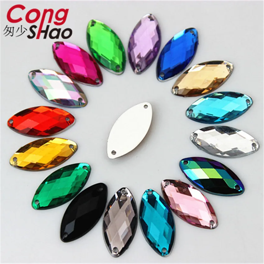 Cong Shao 100pcs 9*18 mm Colorful Horse eye shape Acrylic Rhinestones stones crystals flatback sewing 2 Hole Wedding Dress ZZ602