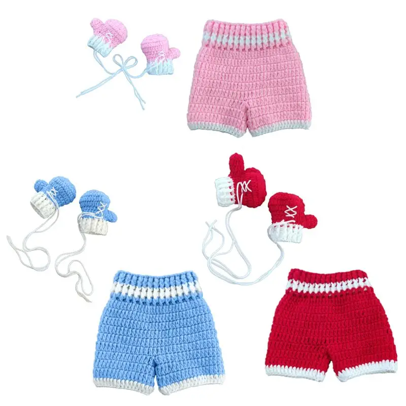 D7YD Newborn Baby Photo Photography Prop Costume Boxing Gloves Shorts Crochet Knit Clothes boxer Boxing gloves and  pants Set