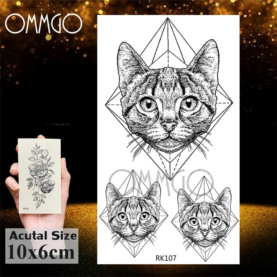 OMMGO Geometric Cat Line Temporary Tattoos Sticker Diamond Black Small Custom Tattoo DIY Body Art Wrist Fake Tatoos Women Men