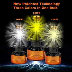 PAMPSEE Car Tricolor 3Color LED Headlight Z5 H1 H4 H7 H11 HB4 50W 5800LM 3000K 4300K 6000K Yellow White Dual Two Color LED Bulbs