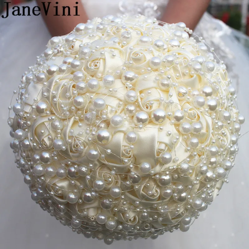 JaneVini Luxury Pearls Wedding Bouquet Blue White Bridal Bouquet Ivory Satin Rose Brooch Flowers Handmade Ramo Novia Para Lanzar