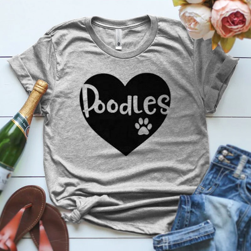 Poodles Heart Paw Print T-shirt Summer Harajuku Graphic Funny Tees Tops Casual Women Tumblr Hipster Tshirt Dog Lover Gift Shirt