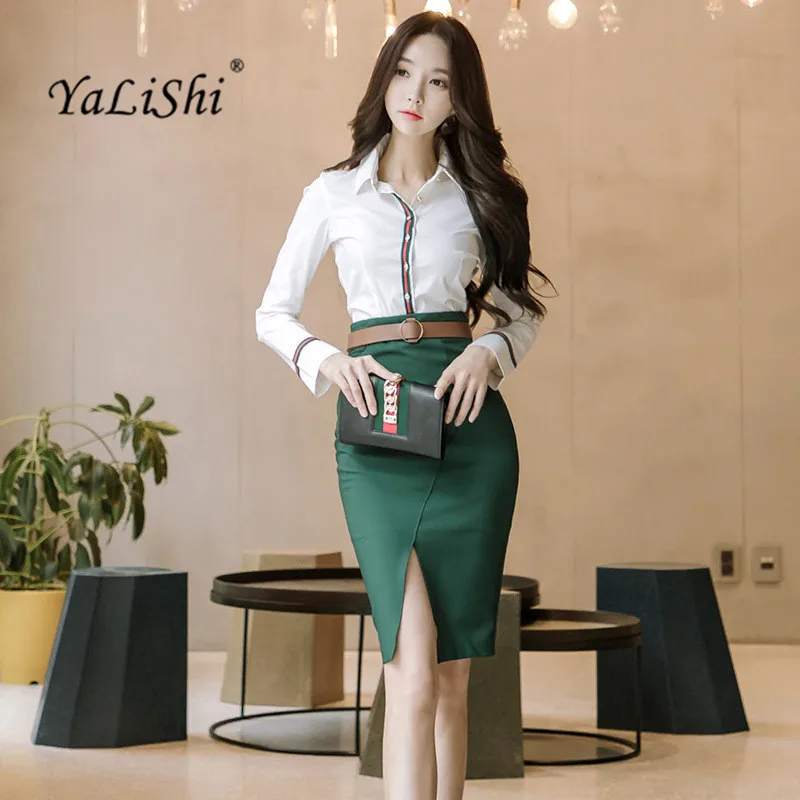 2 Piece Set Women Suit 2023 Spring Office Long Sleeves White Shirt Blouse Tops and Green Pencil Skirts Crop Top and Skirt Set