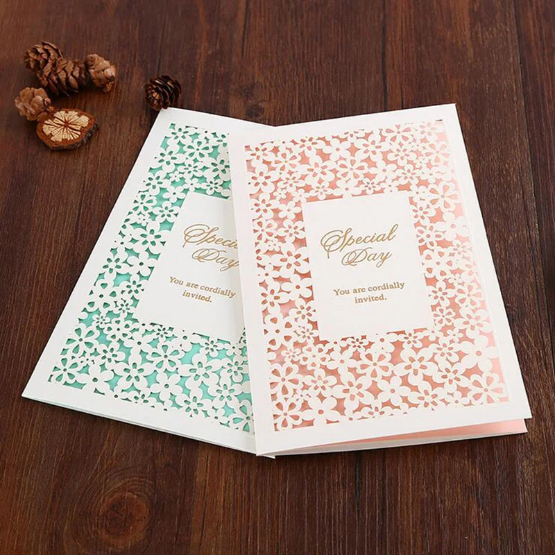 10pcs 2 Colors Laser Cut Fresh Flower Wedding Invitations Card Elegant Greeting Card Envelopes Wedding Party Favors Decoration