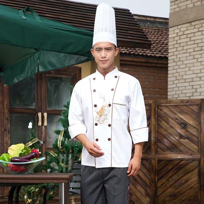 Macacão de chef de cozinha com mangas compridas, jaqueta branca adulta, uniforme de chef de cozinha, outono e inverno, roupa de dragão