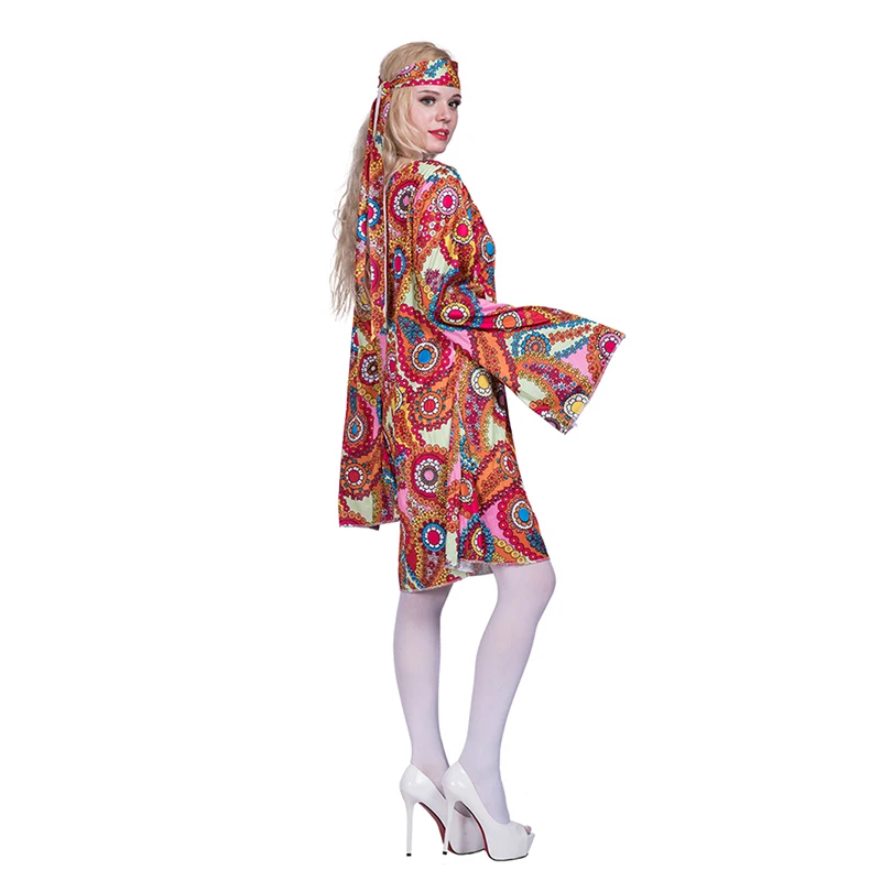 Eraspooky Flower Printed Long Sleeve Boho Dresses Hippie Dress With Headband Halloween Costume For Adult Cosplay Peace and Love