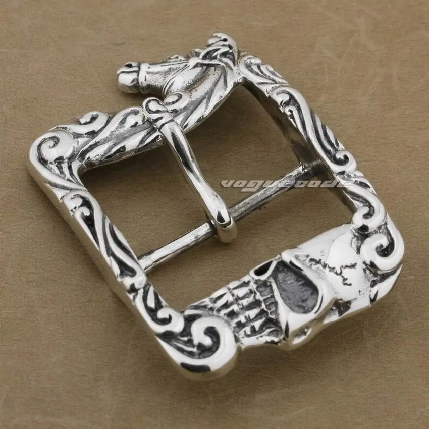 LINSION Large Heavy 925 Sterling Silver Horse & Skull Mens Biker Belt Buckle 9C010