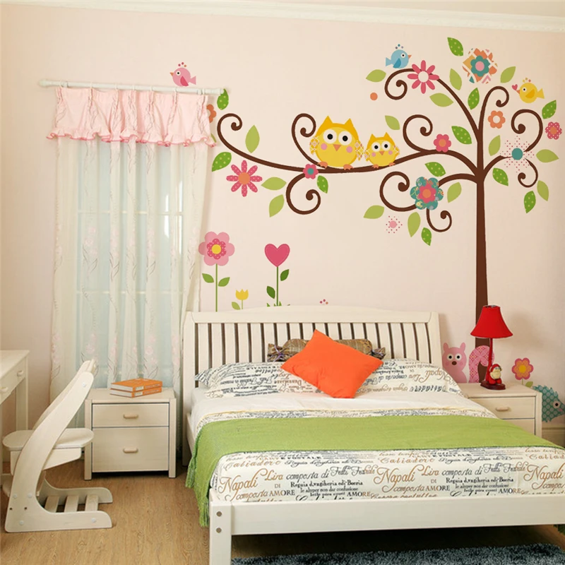 Cute Owlets On Floral Tree Wall Stickers For Kindergarten Kids Room Home Decoration Diy Cartoon Owls Animal Mural Art Pvc Decal