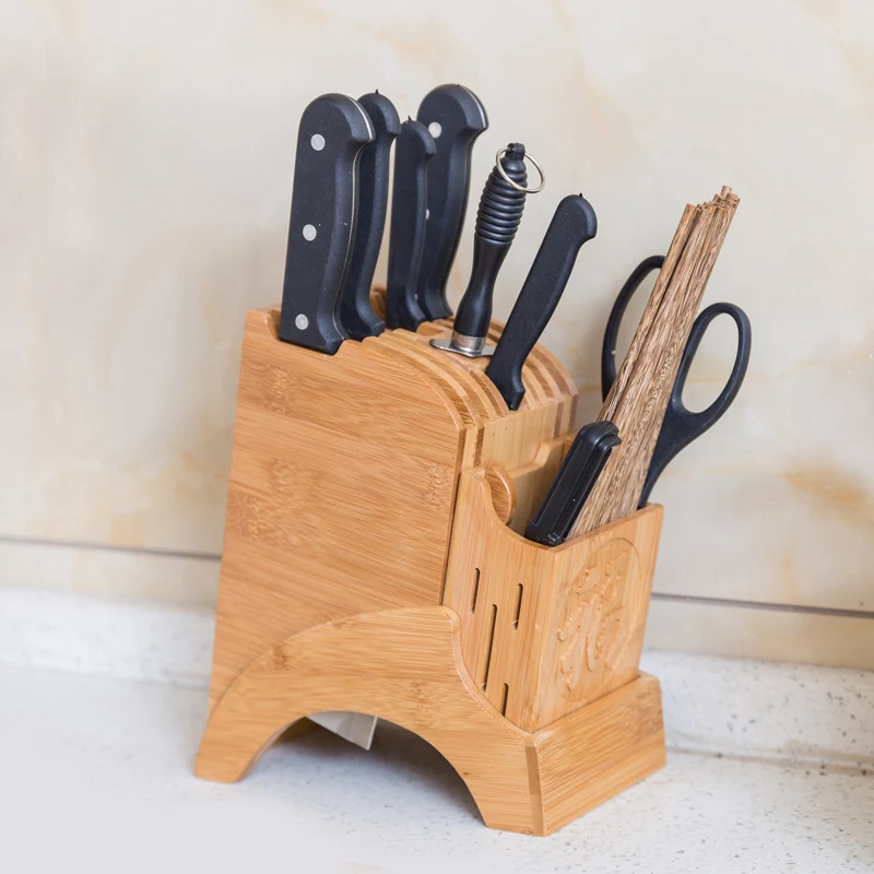 Wood Kitchen Knife Holder Bamboo Scissors Chopsticks Gadget Storage Shelf Rack Knife Block Stand Organizer Accessories