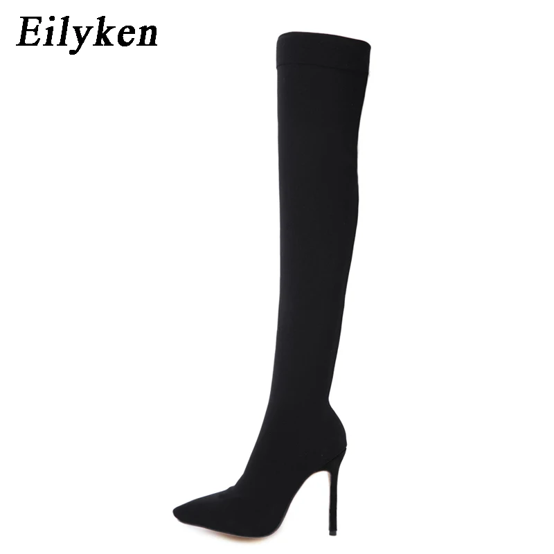 Eilyken Fashion Woman Stretch Fabric Sock Boots Over the Knee Thigh High Heel Pointed Toe Female Booties Size 35-42