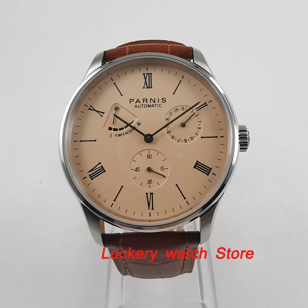 Parnis men's watch 42mm  Silver case DATE Power reserve orange dial 5ATM ST1780 Automatic movement wrist watch-PA21