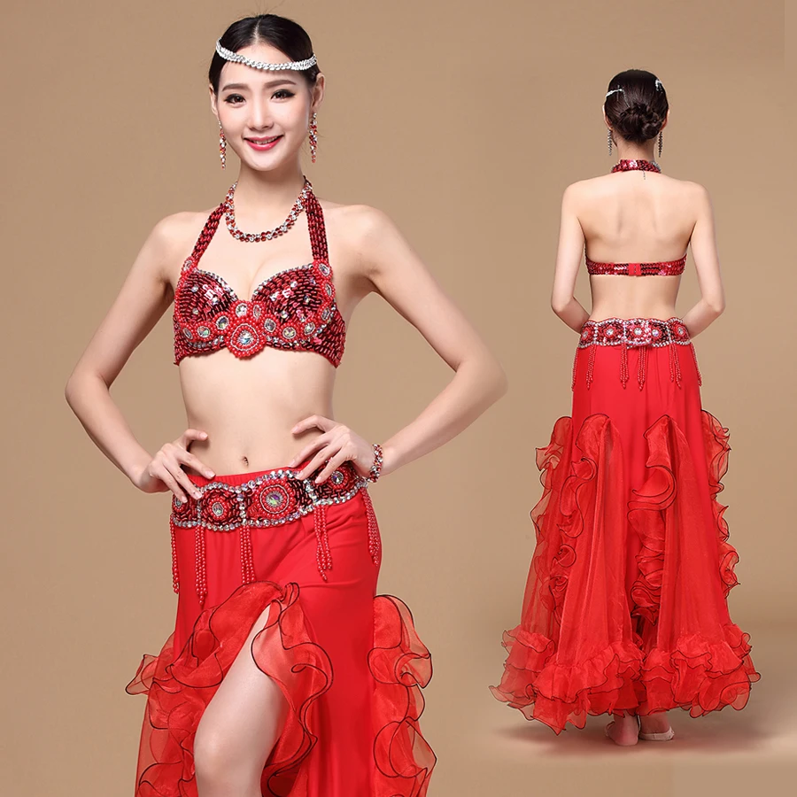 Women Stage & Dance Wear 2018 Oriental Dance Sequined Beaded Bra and Belt Bellydance Suit 2pcs Costumes for Belly Dance