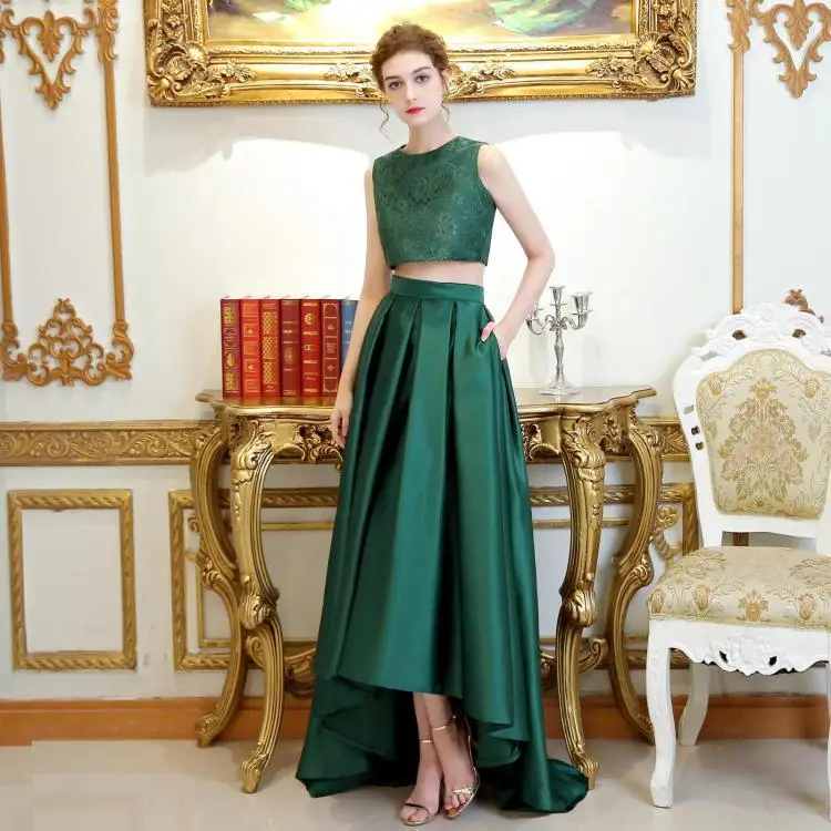 Vestidos de Noiva Elegante Verde A due pezzi Abiti da ballo Alla Moda Del Raso Del Merletto Jewel A-Linea Lungo Abito Da Sera di Promenade Del Partito Abiti