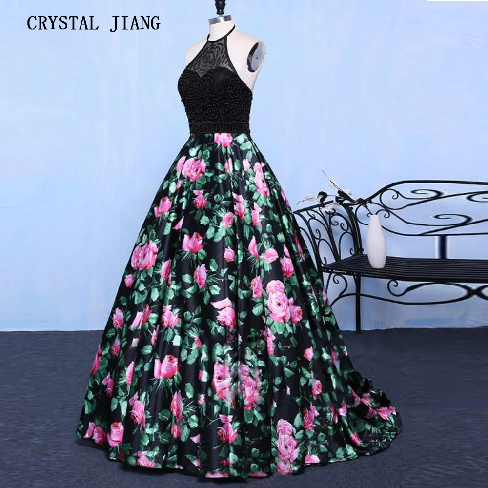 Nieuwe Collectie 2019 Sexy Halter Crystal Kralen Prom Gown Custom made EEN Line Bloemen Gedrukt Avond Prom Dresses Lange