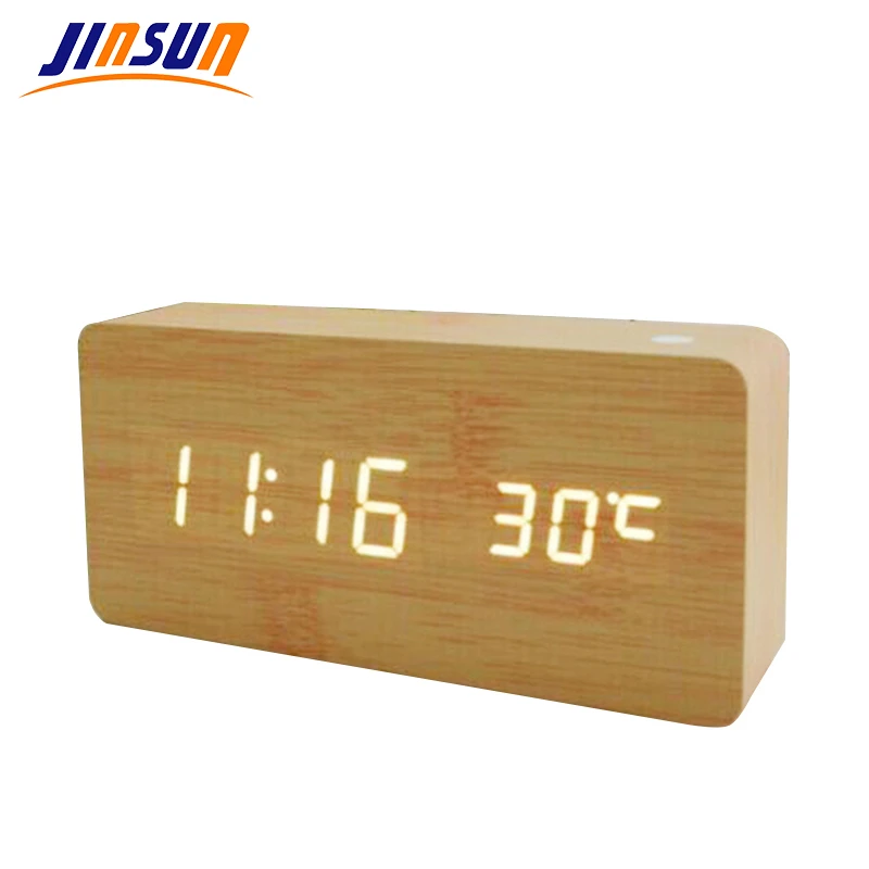 JINSUN Modern sensor Wood Clock Dual led display Bamboo Clock digital alarm clock Led Show Temp Time Voice Control Wekker KSW104